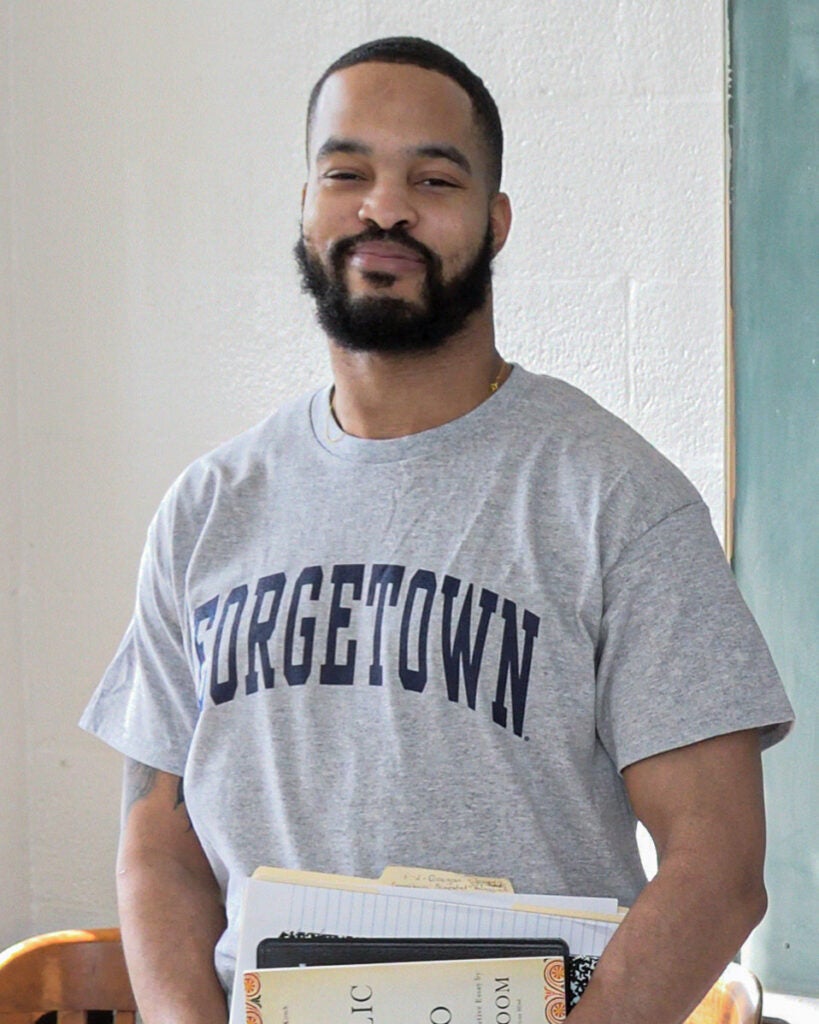 Dorain Grogan in a Georgetown T-shirt.
