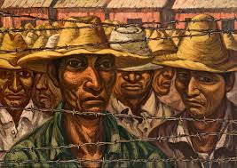 painting of Migrants behind barbed wire fence